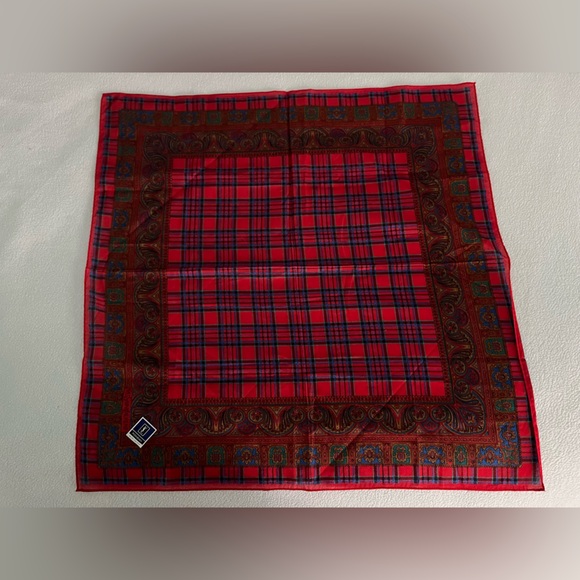 YSL Red Check Double Paisley Border Cotton Handkerchief/Scarf - Picture 1 of 4